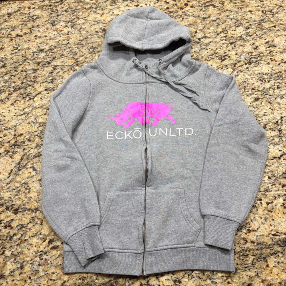 Ecko Unltd Womens Gray Pink Rhino Logo Full Zip Hoodie Sweatshirt Medium ws